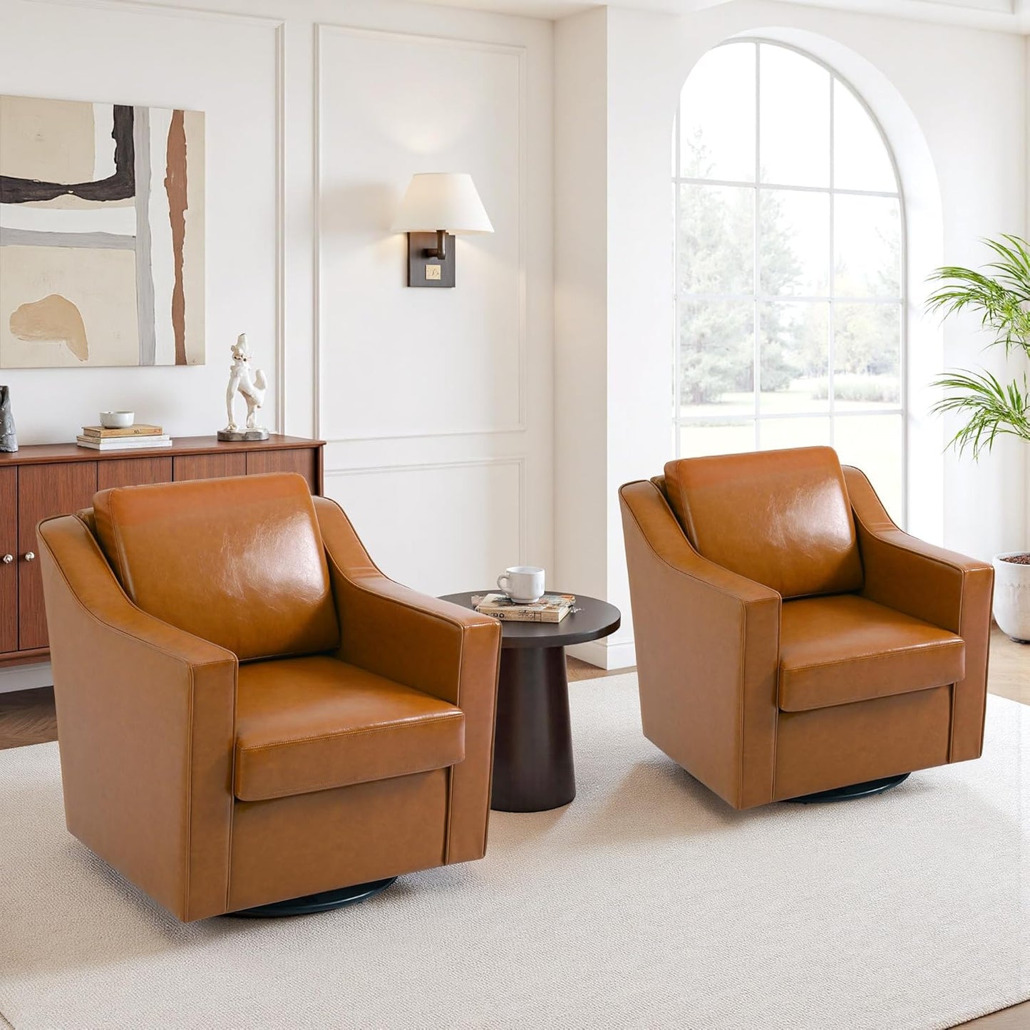 UIXE Swivel Accent Chair Set of 2, Chenille Upholstered Arm Chair for Living Room, Modern Club Armchair Comfy Single Sofa Bedroom Reading Seat with Lumbar Pillow - Coffee