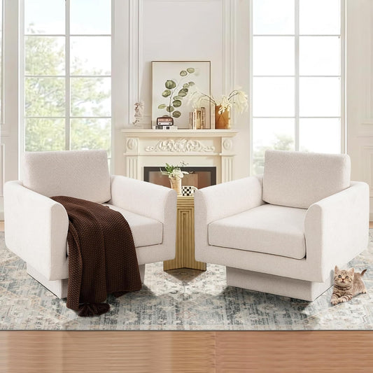 Swivel Accent Chair Set of 2, Modern Swivel Barrel Chair Sofa, Wide Upholstered Armchair with Back Pillow for Living Room, Reading Nook, Bedroom-Cream
