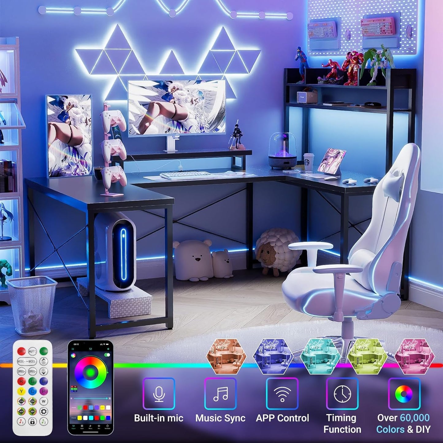 Unikito Large U Shaped Computer Desk with Hutch, Customizable Reversible L Shaped Office Desks with Power Outlets & LED Lights, Corner Gaming Table with Monitor Stand, 122” 2 Person Long Desk, Black