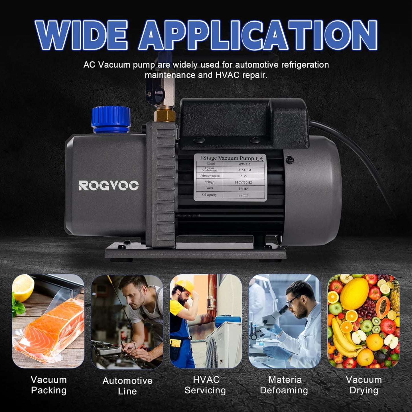 3.5 CFM Vacuum Pump, 110V 1/4 HP Single Stage Rotary Vane Air Vacuum Pump for HVAC/AUTO, AC Refrigerant Recharging, Applicable to R12 R22 R134a R410a