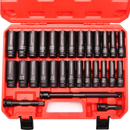 29-Piece 1/2" Drive Impact Socket Set - 6 Point Deep SAE & Metric CR-V Steel Sockets with 3", 5", 10" Extension Bar