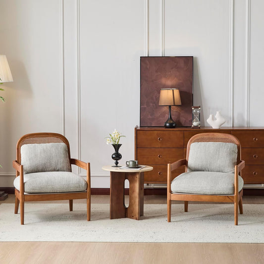 Accent Chairs Set of 2, Mid-Century Modern Accent Chair with Solid Wood Frame and Rattan Backrest, Comfy Armchairs for Living Room, Bedroom, Balcony (Grayish Green+Walnut)
