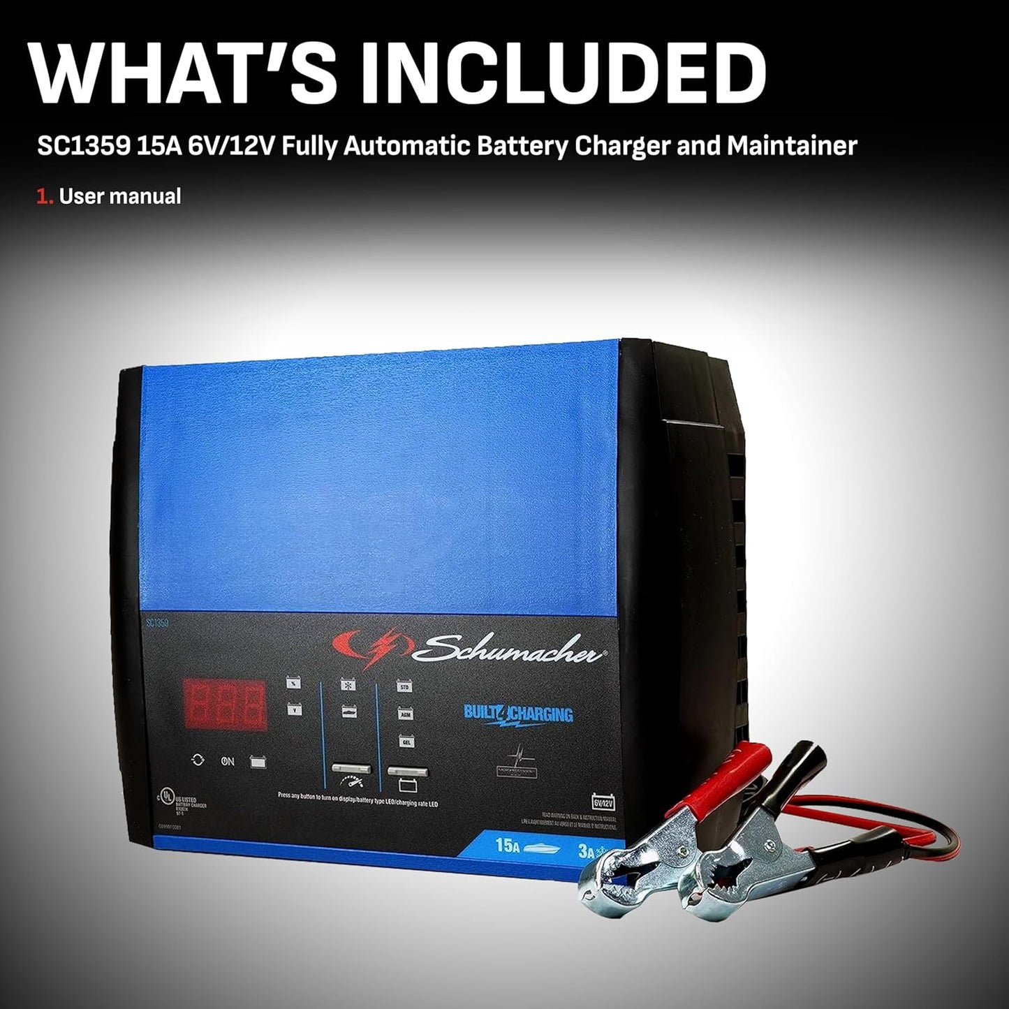 Schumacher Electric Rapid Battery Charger and Maintainer, SC1359, 4-in-1, Fully Automatic, Battery Tester, 15 Amps, 6 Volt, 12 Volt, for Car, SUV, Truck, and Marine Batteries
