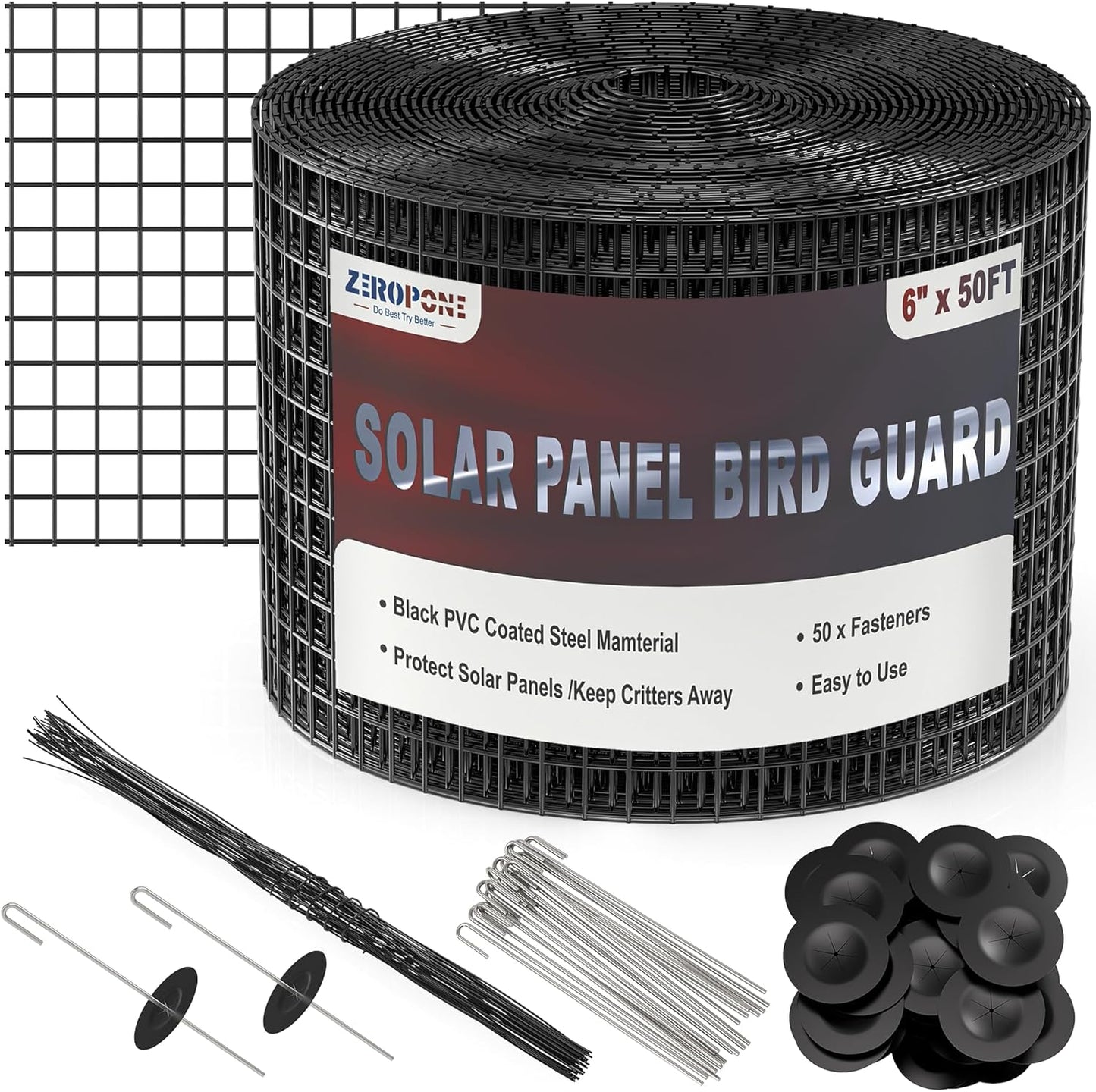 8inch x 100ft Solar Panel Bird Guard, Critter Guard for Solar Panels with 100 Pcs Stainless Steel Fasteners, Removable PVC Coated Pigeon Netting Wire for Squirrel, Bird, Critters Proofing