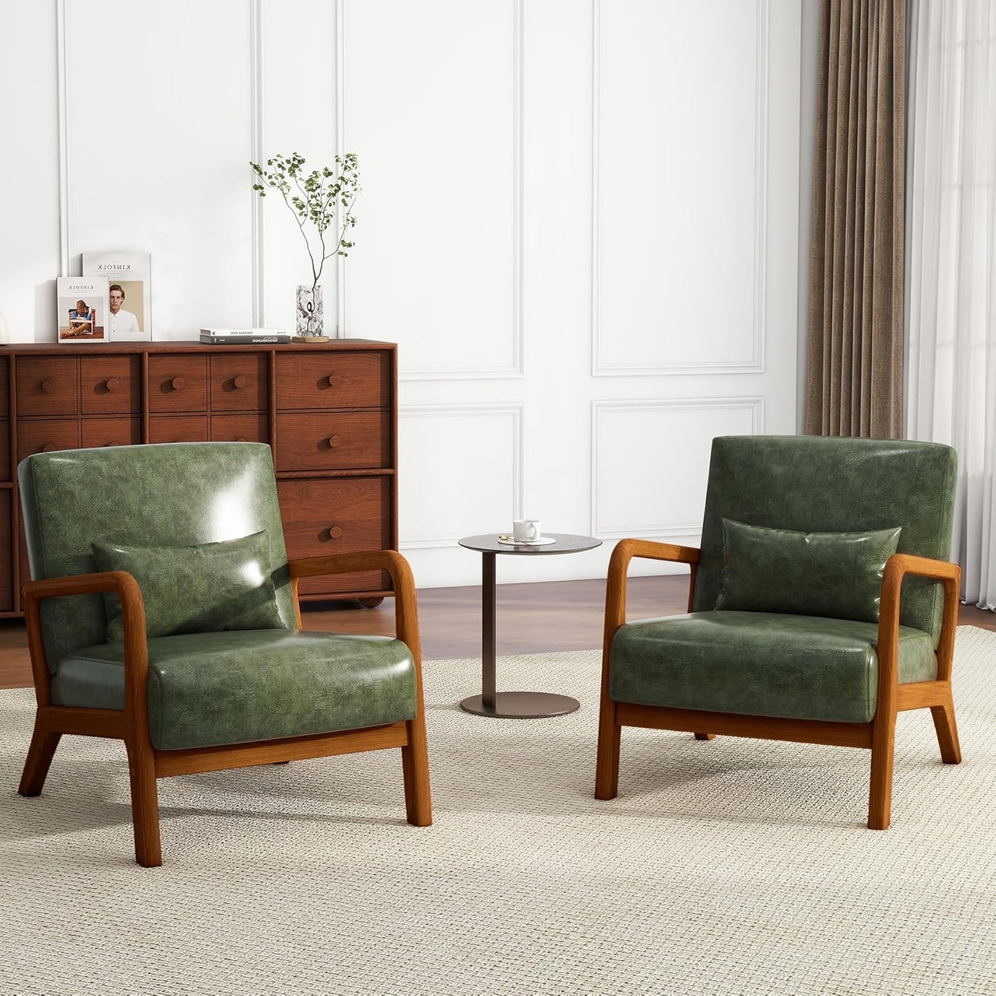 UIXE PU Leather Accent Chairs Set of 2, Upholstered Armchair for Living Room, Modern Arm Chair Comfy Single Sofa Bedroom Reading Seat with Lumbar Pillow - Hunter Green