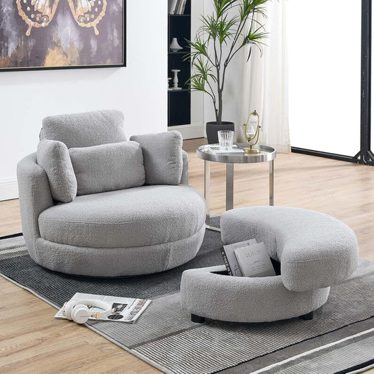 Antetek Swivel Barrel Chair with Storage Ottoman, Club 360 Degree Single Swivel Sofa, Modern Leisure Arm Chair with Head & Back Pillows for Nursery, Living Room, Office, Grey Teddy