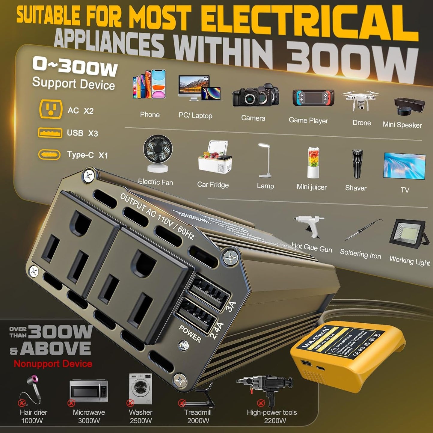 2PCS 300W Power Inverter 20V to 110V for Dewalt: VoLtTech Portable Battery Inverter Phone Charger Adapter with 2 AC Outlet & 2 USB Ports for Car, Vehicles, Laptop, Computer, Tools, Camping