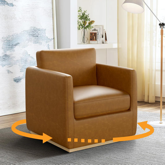 Swivel Accent Chair, Premium Barrel Chair for Living Room, Comfy Single Sofa Chair, Round Swivel Couch Chair, Small Reading Chair for Adults, Accent Bucket Chairs for Bedroom/Club, Leather Brown