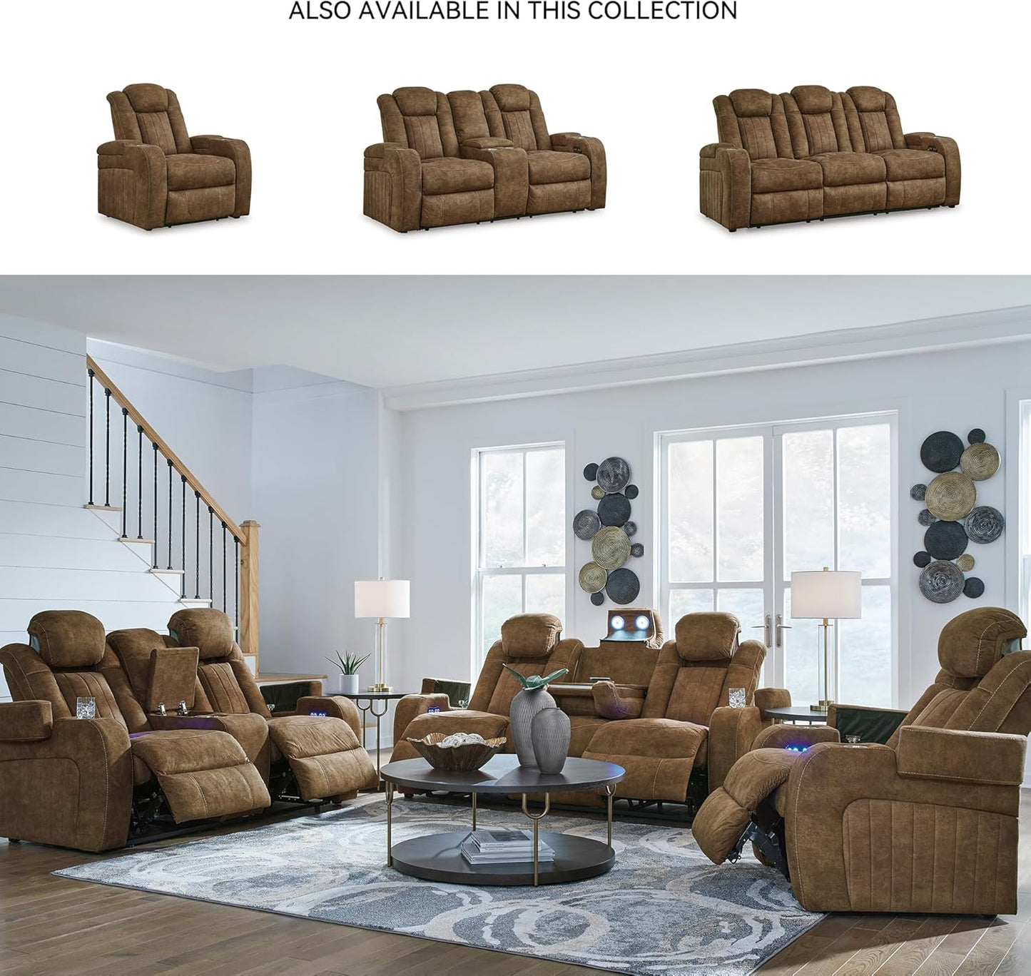 Signature Design by Ashley Wolfridge Contemporary Faux Leather Upholstered Power Recliner with Adjustable Headrest, USB Ports and 2 Cup Holders, Dark Brown
