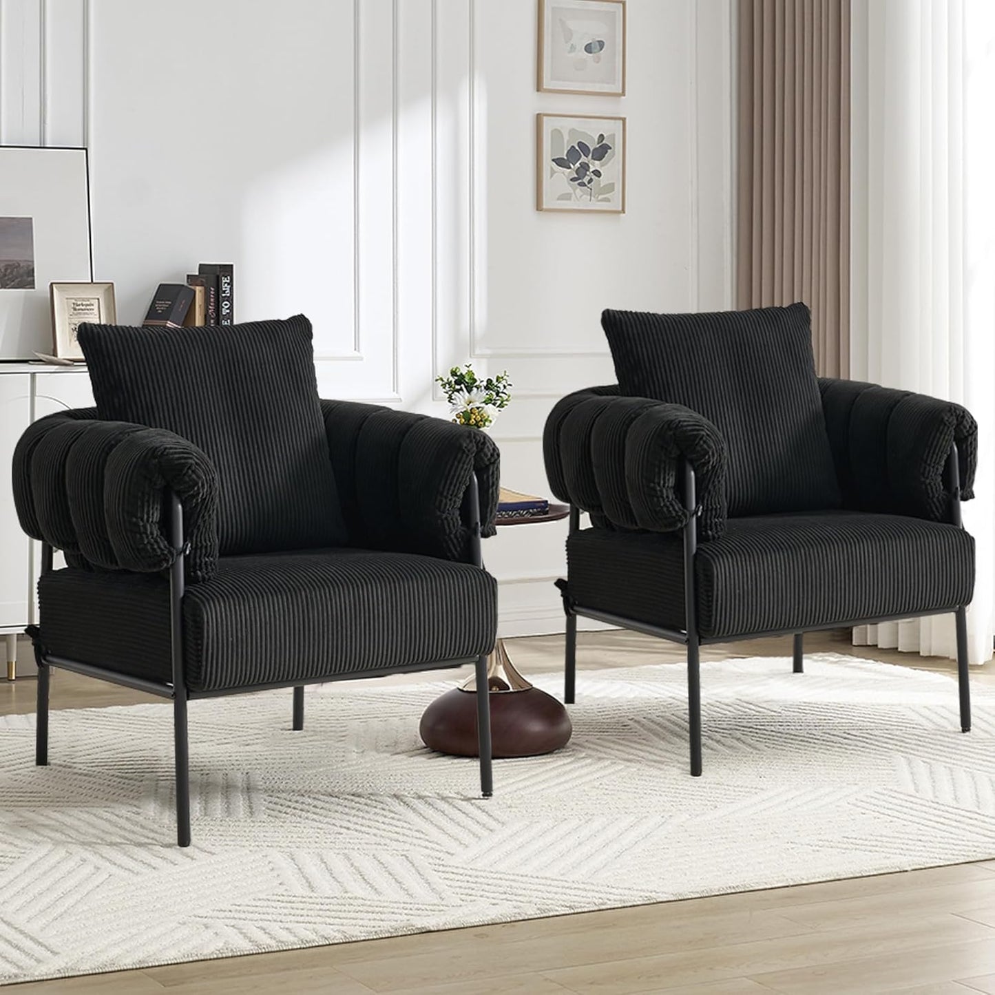YISHENG Modern Velvet Accent Chair Set of 2 Upholstered Comfy Lounge Sofa Chair, Fabric Oversize Lazy Arm Chair with Soft Cushion, Metal Frame Reading Chair for Living Room, Balcony,Bedroom,Black