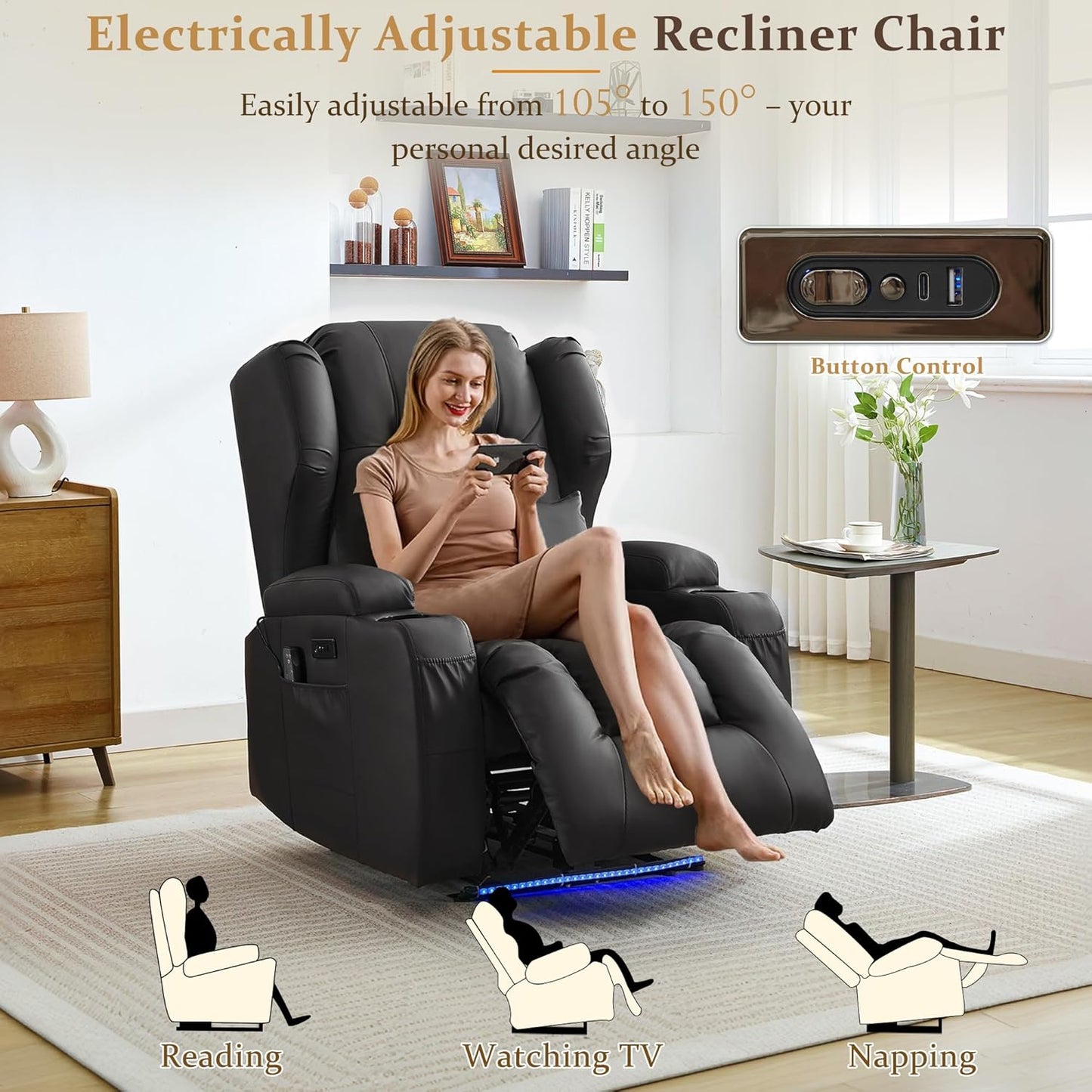 URRED Recliner Chair for Adults, Power Reclining Sofa Chair Home Theater Seating with Vibration Massage and Heat, LED Ambient Light, USB Ports, Cup Holders, Side Pockets (Black)