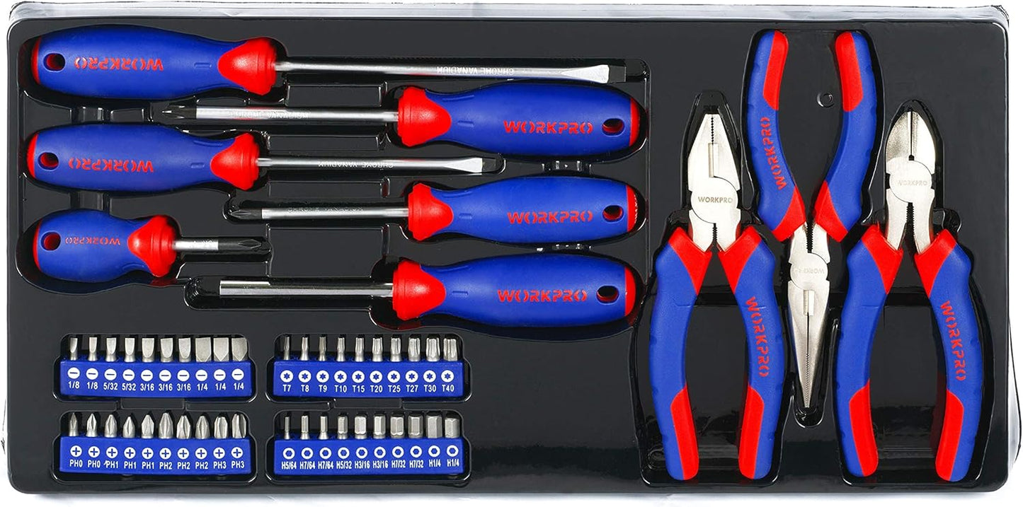 WORKPRO 408-Piece Mechanics Tool Set, General Household Home Repair Tool Kit with 3-Drawer Heavy Duty Metal Box, Hand Tool Kit Set 1 Pack