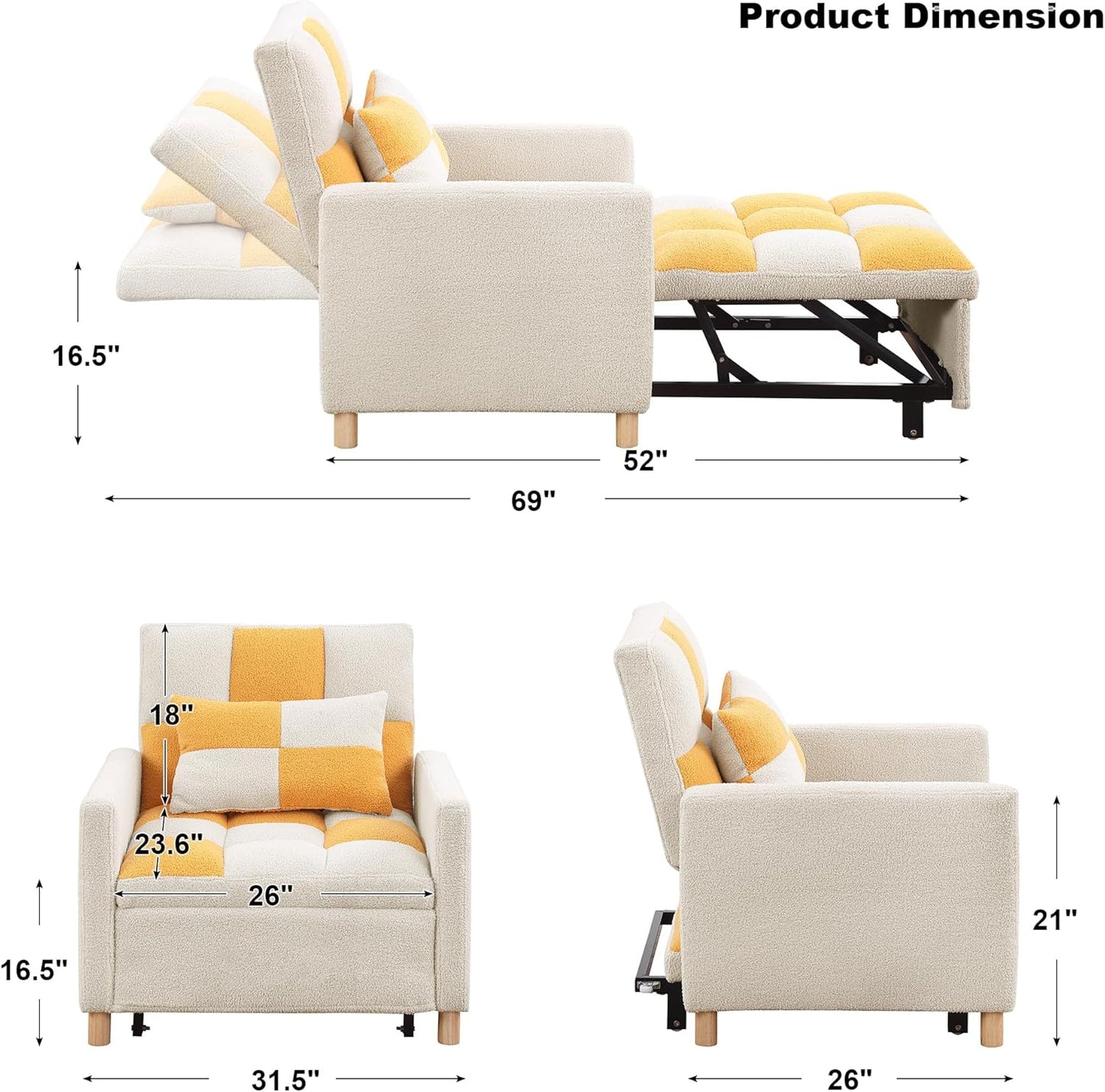 Sleeper Chair Bed Multi-functional Convertible Chair Sleeper Teddy Fabric Adjustable Single Pull Out Sofa Bed with Lumbar for Studio,Dorm, Apartment, Bedroom,Office,Living Room (Beige&Yellow)
