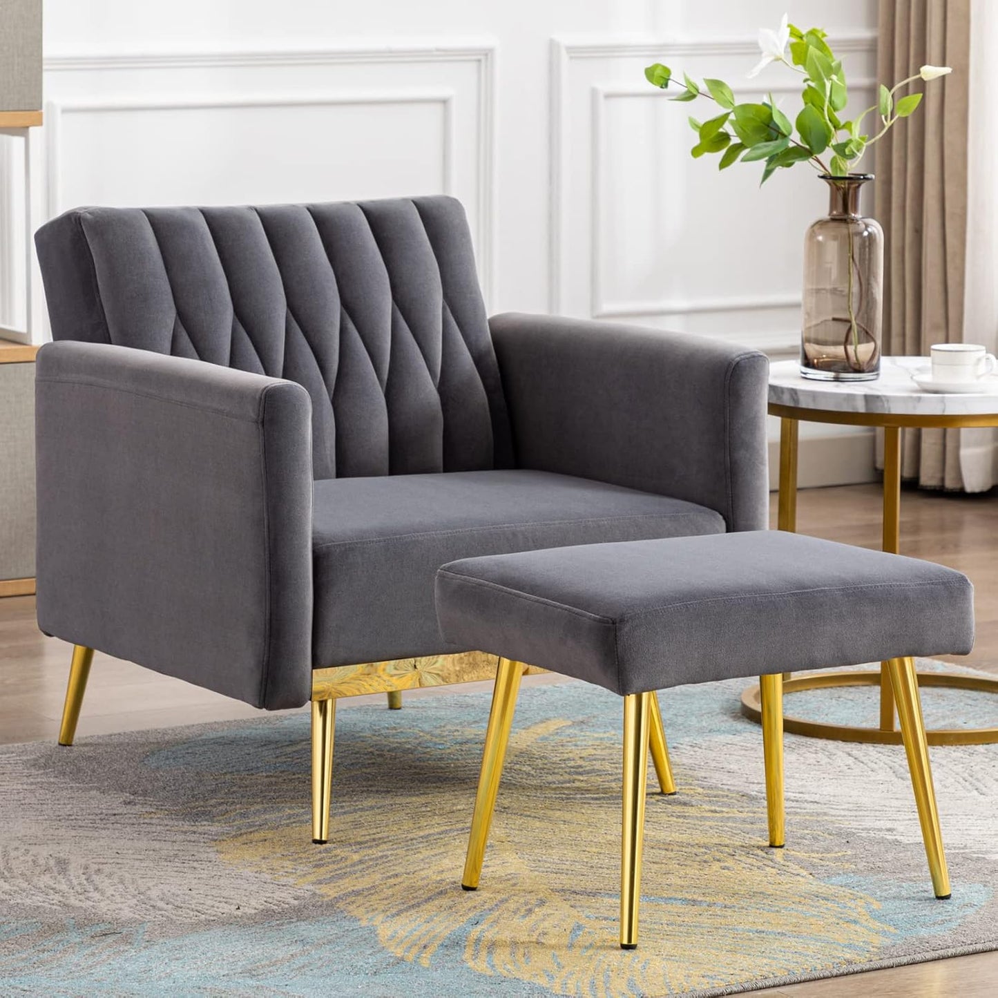 Velvet Accent Chair with Ottoman Modern Upholstered Tufted Armchair, Comfy Single Sofa Chair with Golden Metal Legs and Adjustable Arms for Living Room Bedroom Reading Room Office Pink