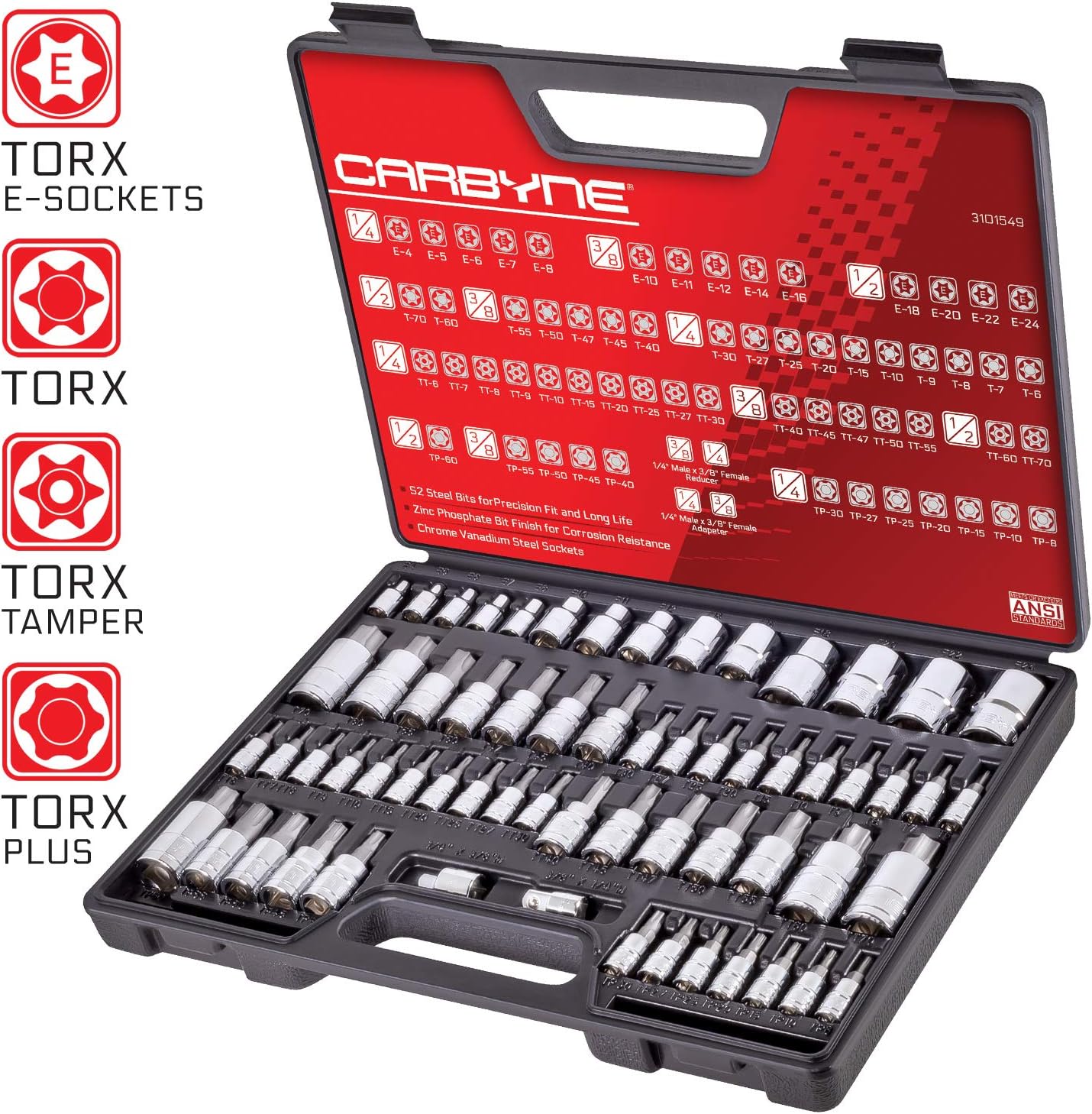 CARBYNE 62-Piece Master Torx Bit Socket Set & External (eTorx) Socket Set, Includes T6 - T70, TT6 - TT70, TP8 - TP60, E4 - E24| S2 Steel Bits, Cr-V Sockets, Durable Case | 1/4, 3/8, & 1/2 in. Drive