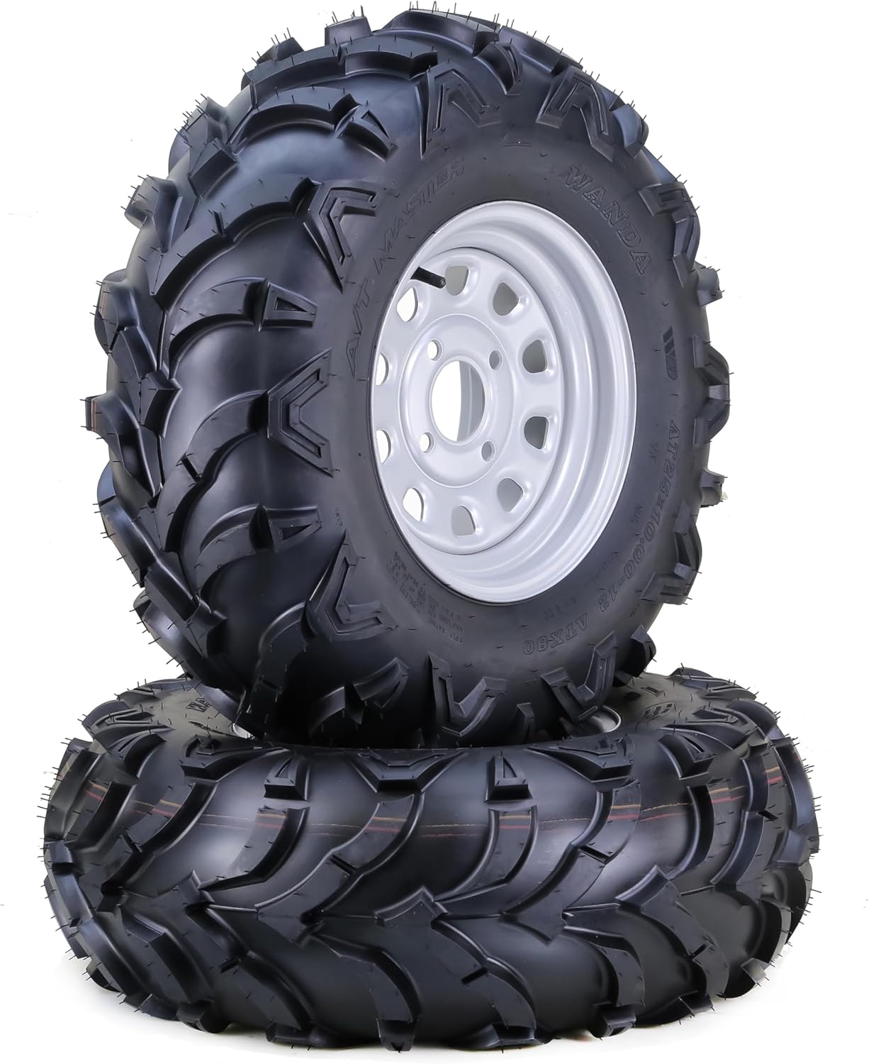 WANDA 25x8-12 Solid Mud ATV Tires and Wheels Assembly with 4-110 PCD 5+2 Silver Rims, SET 2