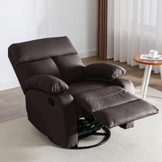 Swivel Rocker Recliner Chair, Small Manual Reclining Chair with Overstuffed Arm and Back, PU Leather Single Sofa Seat for Living Room, Bedroom, Dark Brown