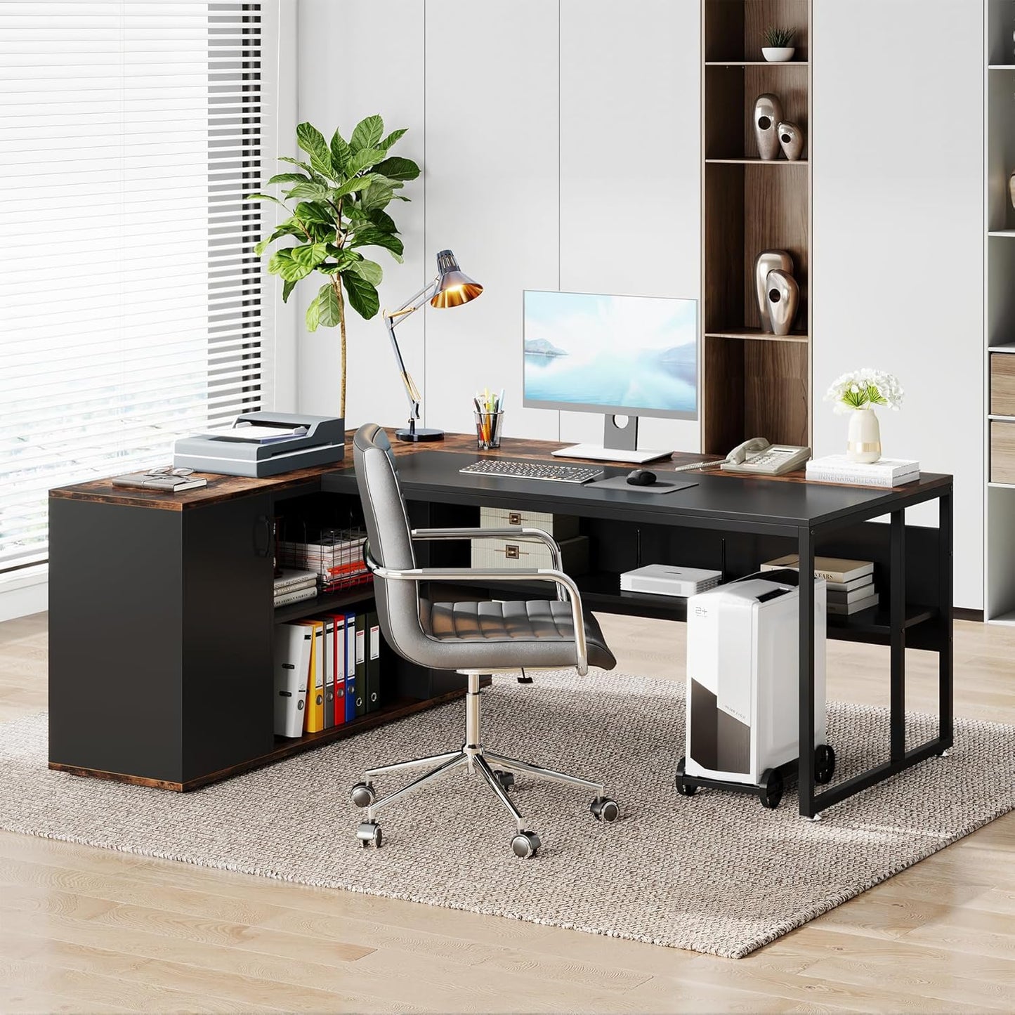 Tribesigns 71" L-Shaped Executive Desk, Large Office Desk with Lateral Cabinet and Open Shelves, Industrial Computer Table for Home Office, Walnut & Black