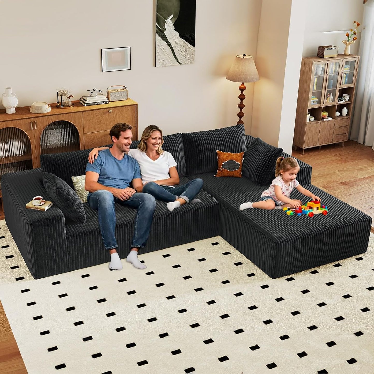 107" Modular Sectional Couches for Living Room, Comfy Boneless L Shaped Cloud Couch with Chaise Lounge, Modern Cozy Corduroy Deep Seat Floor Sofa, Memory Foam, No Assembly Required, Black