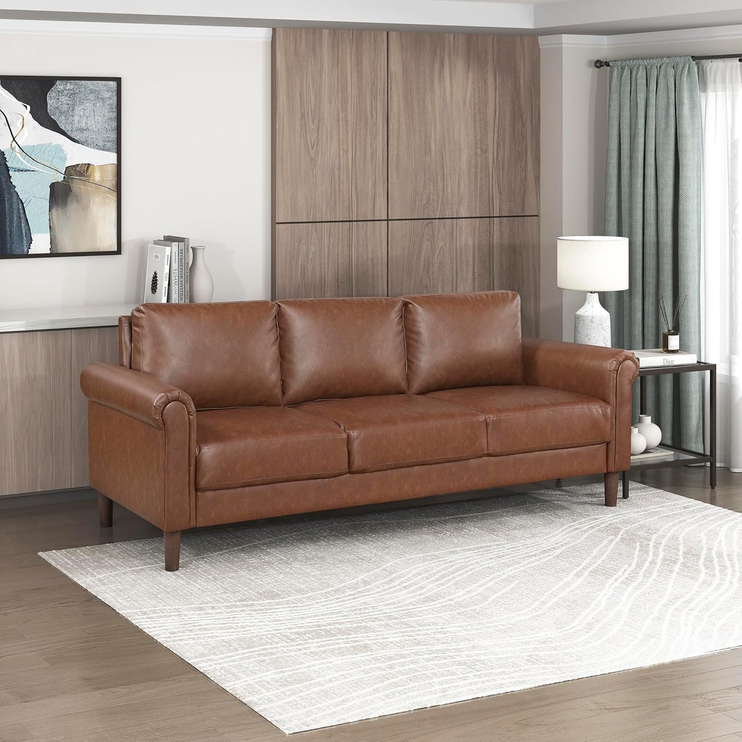 Lexicon 35" W Living Room Accent Chair, Faux Leather Upholstered Armchair with Rolled Arm for Bedroom/Office/Waiting Room, Single Sofa Chair, Chocolate