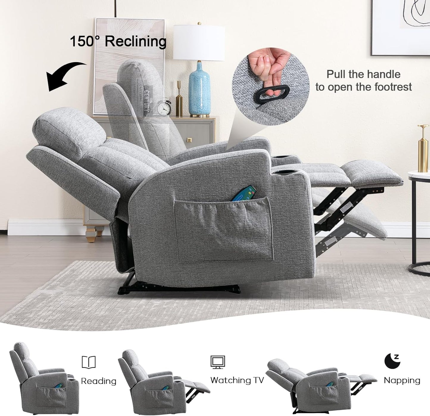 CANMOV Manual Recliner Chair with Massage and Heat,Soft Fabric Recliner Chair with Overstuffed Armrest and Backrest, Manual Reclining Single Sofa with 2 Cup Holders, Side Pocket for Living Room,Grey