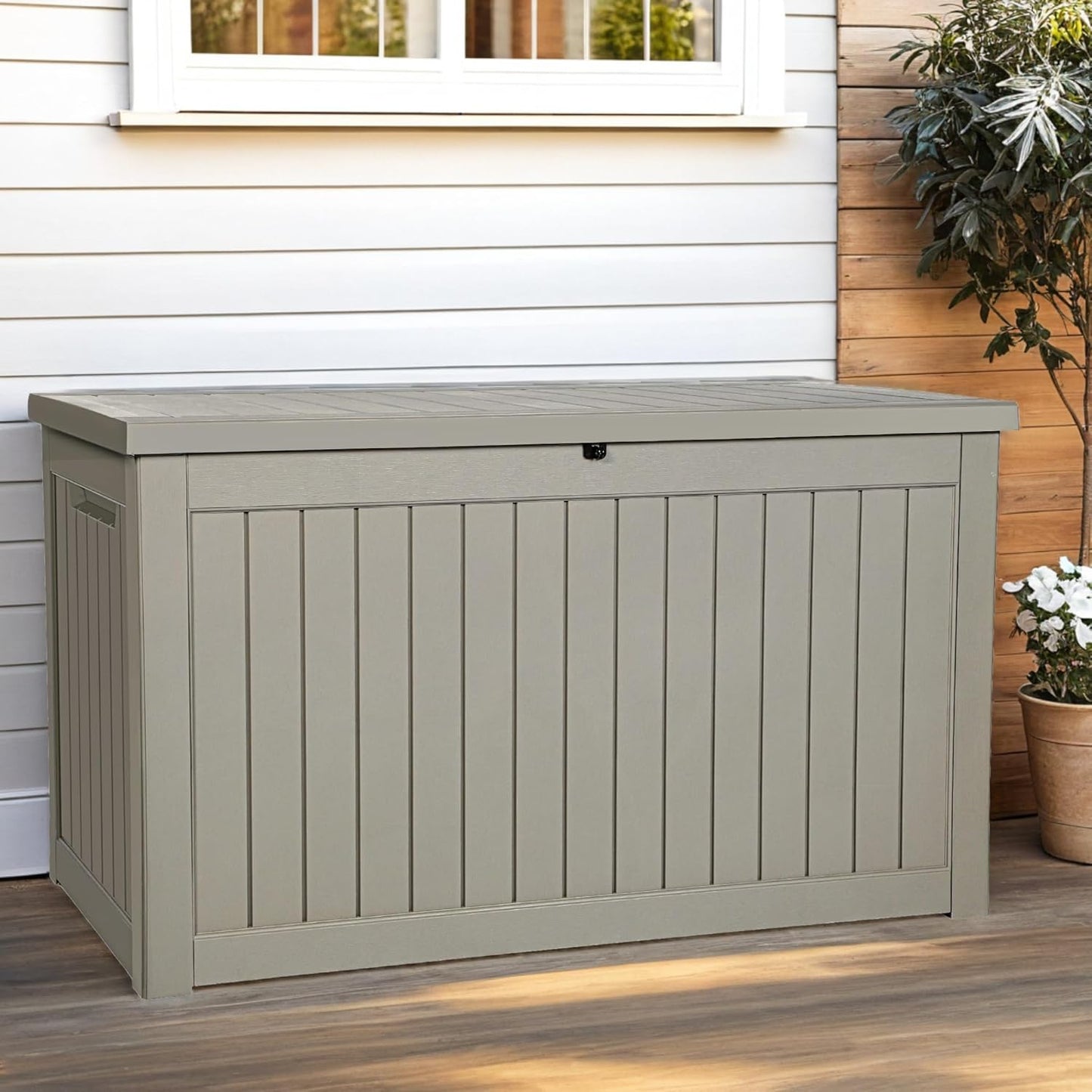 YITAHOME 120 Gallon Outdoor Storage Deck Box with Cushion, Large Resin Patio Storage for Outdoor Pillows, Garden Tools and Pool-Supplies, Waterproof, Lockable (Taupe)