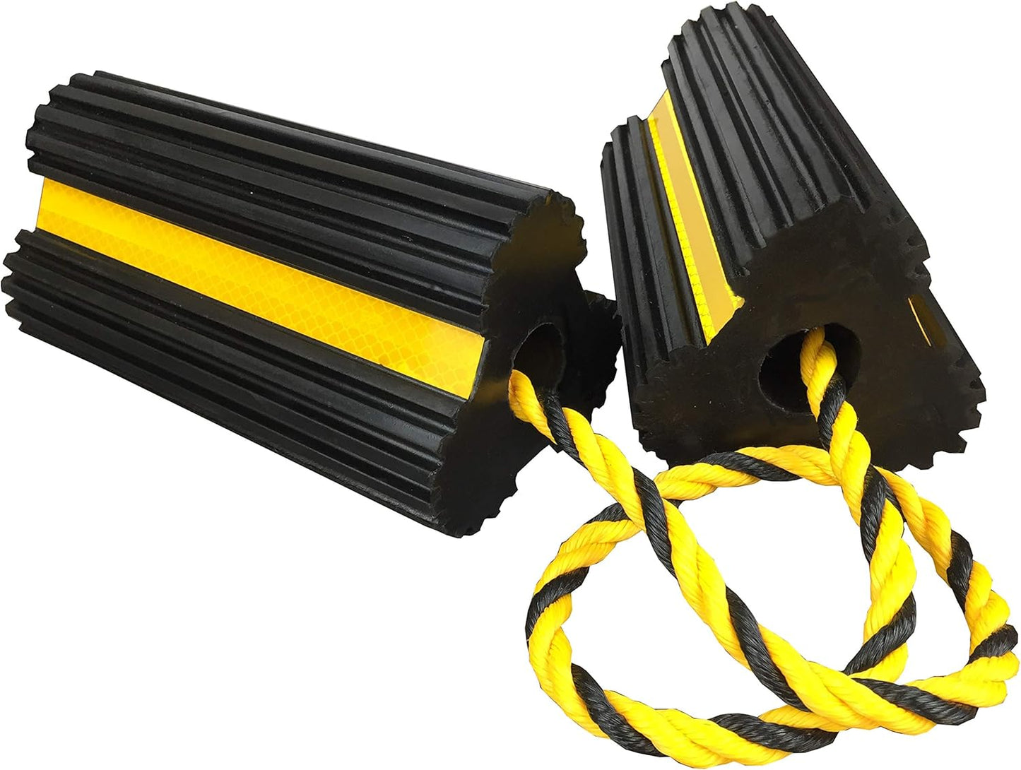 2 Pair Rubber Heavy Duty Dual Wheel Chocks Front and Back, RV Leveling Blocks Non Slip Base with Nylon Rope Yellow Reflective Tape for Travel Trailers, Car, Camper, Truck (4 Pack)
