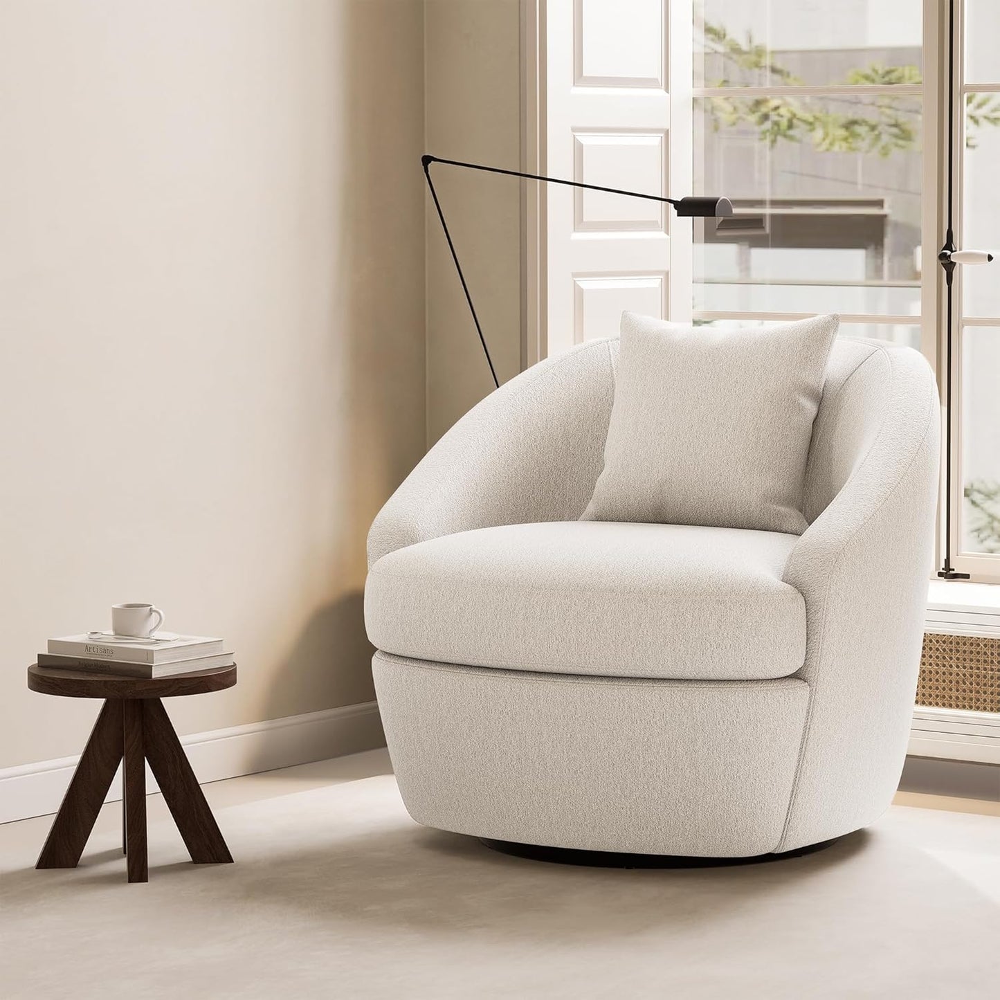 Rowill 360° Swivel Accent Chair, Modern Upholstered Boucle Fabric Single Armchair with Back Pillow, 33” Wide Cozy Round Barrel Living Room Chair for Bedroom, Reading Nook, Club Nursery, White