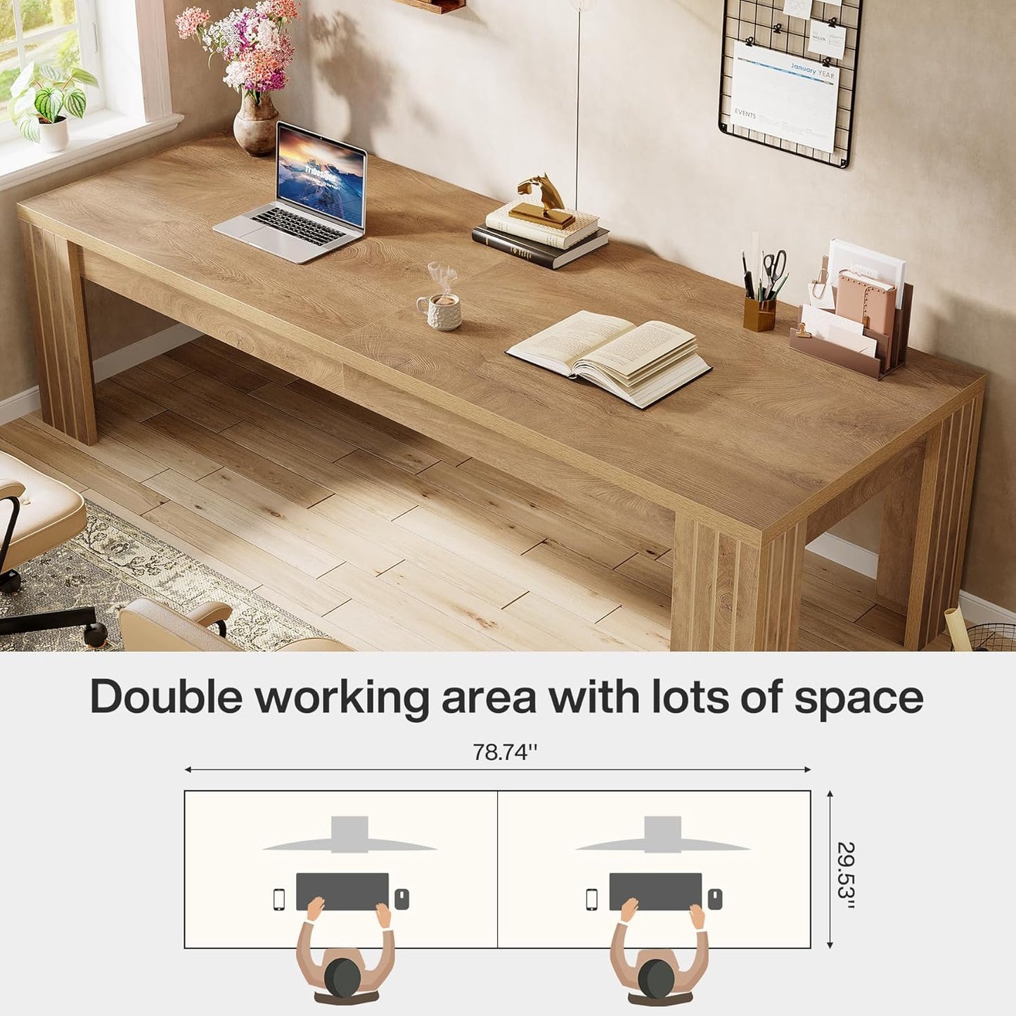 Tribesigns Two Person Desk, 78.7 Inches Extra Long Desk, Double Computer Desk, Wood Large Writing Table Workstation for Home Office, Rustic Brown