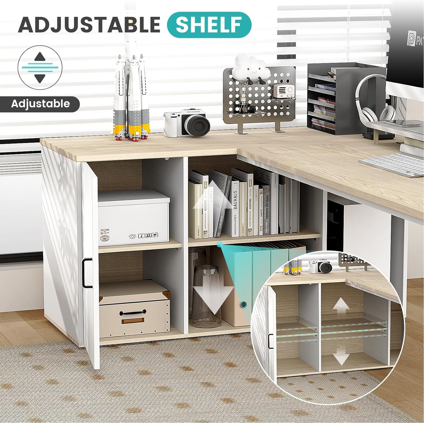 71" L Shaped Executive Desk, Executive Office Desk with File Cabinet and Power Outlet, Large Computer Table with Shelves, Business Furniture Workstation for Home Office (Oak & White)