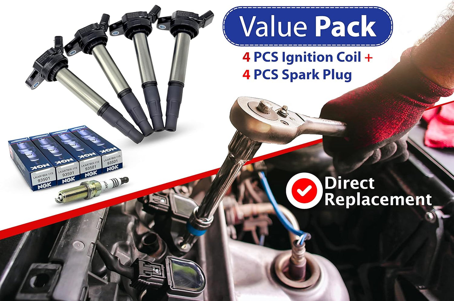 Set of 4 Ignition Coil Pack with Spark plugs Fit for Toyota Corolla Matrix Prius Scion IM Scion XD Lexus CT200H & More Replaces# UF-596, UF-619, 90919-02258, 90919-01275, 93501