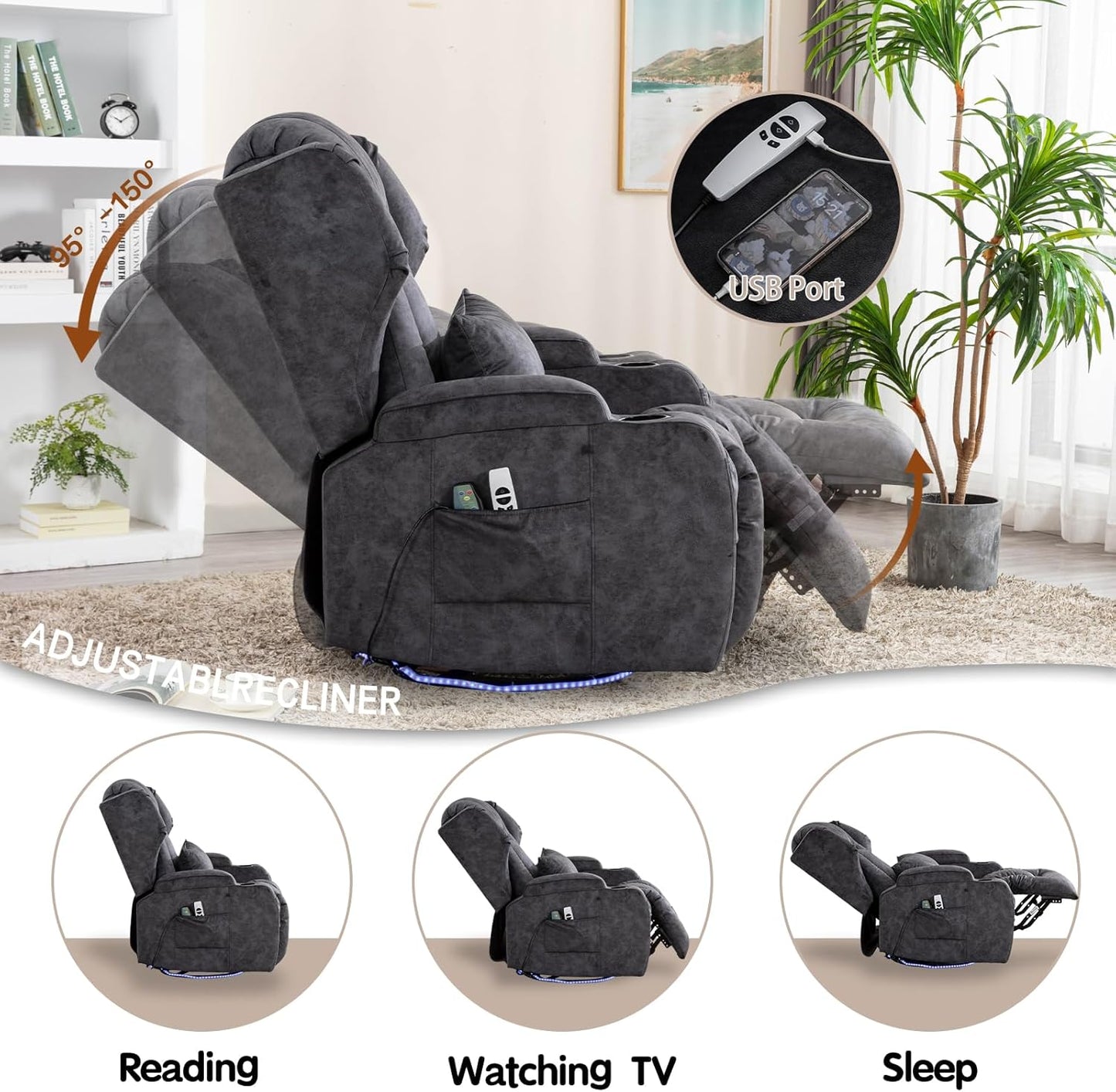 SENIFIS Velvet Grey Modern Swivel Glider Recliner Chair, 270 Rotation & 30 Rocking, Power Reclining, Massage & Heat, USB, LED Light, Cup Holder, Lumbar Pillow, Adult Living Room Chair