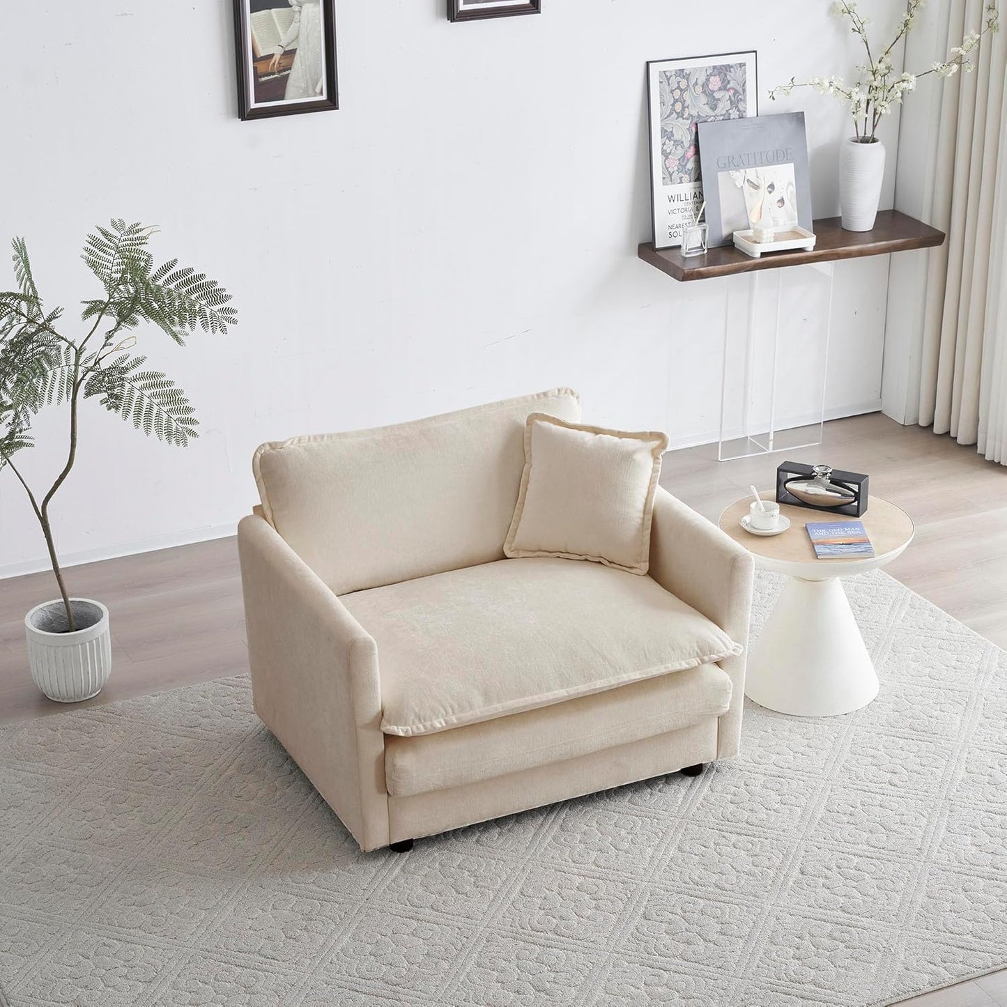 WILLIAMSPACE 41" Single Sofa Chair, Modern Upholstered Armchair with 1 Toss Pillow, Small Cream Couch Chair for Living Room, Deep Seat Reading Sofa for Bedroom Apartment, Chenille Fabric (Cream White)