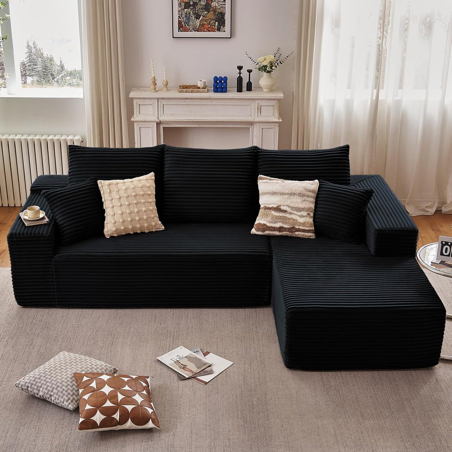 107" Modular Sectional Couches for Living Room, Comfy Boneless L Shaped Cloud Couch with Chaise Lounge, Modern Cozy Corduroy Deep Seat Floor Sofa, Memory Foam, No Assembly Required, Black