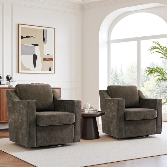 UIXE Swivel Accent Chair Set of 2, Chenille Upholstered Arm Chair for Living Room, Modern Club Armchair Comfy Single Sofa Bedroom Reading Seat with Lumbar Pillow - Coffee