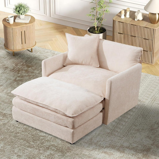 TTK Oversized Corduroy Chaise Lounge Chair with Ottoman - 46.9" Wide Modern Sleeper Sofa for Living Room, Bedroom & Office - Deep Seat Sectional Couch with Pillow, Comfortable Reading Chair, Beige
