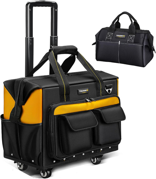 Roller Tool Bag with Four Spinner Wheels, Portable Large Rolling Tool Bag with Swivel Caster Wheels, Steel Plate Base, Waterproof