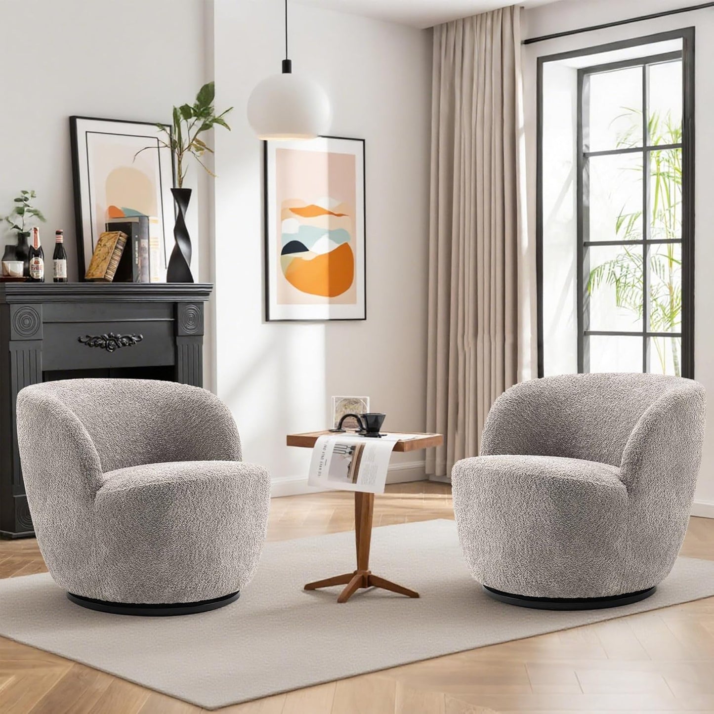 Rowill 30" Wide Swivel Barrel Accent Chair, Modern Upholstered Round Chairs with Curved Back and Soft Cushion, Boucle Fabric Padded Armchair Single Sofa for Living Room, Bedroom, Reading Room, Beige