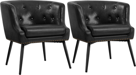 Topeakmart Mid-Century Modern Faux Leather Barrel Chair, Button Tufted Accent Armchair with Metal Leg, Recessed Armrest and Loose Seat Cushion for Living Room Bedroom, Black, 2pcs