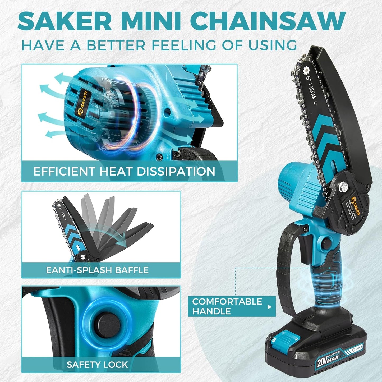 Saker Mini Chainsaw,6 Inch Portable Electric Chainsaw Cordless, Small Handheld Chain saw for Tree Branches,Courtyard, Household and Garden,Christmas Gifts for Men Dad Husband Women