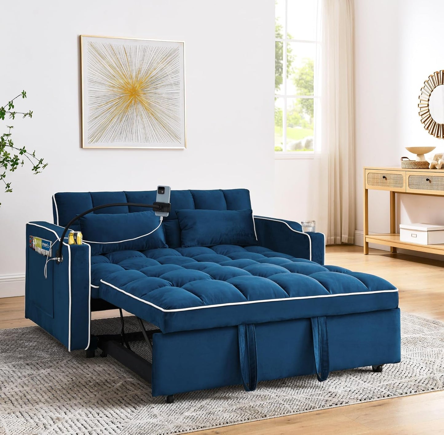 3 in 1 Sleeper Sofa Chair Bed,Velvet Convertible Sleeper Chair,Pull Out Bed Chair with USB Port & Ashtray and Swivel Phone Stand & Storage Pockets,Modern Chair for Living Room