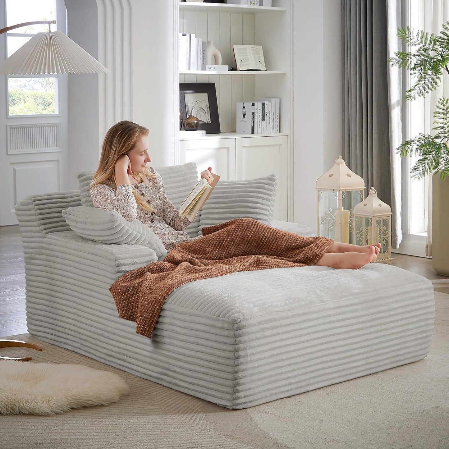 50" W Oversized Boneless Chaise Lounge Sofa Chair Indoor, Corduroy Plush Reading Cloud Couch, No Assembly Single Floor Sleeper Chair Bed for Living Room Apartment Office Small Spaces