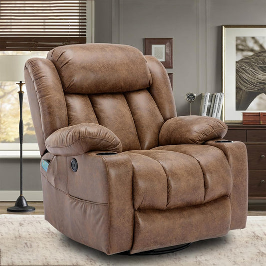 360° Swivel Glider Rocking Recliner Chair, Overstuffed Manual Massage Recliner with Heat and Vibration, Single Modern Sofa Home Theater Seating for Living Room, USB Ports/Cup Holders (Brown)