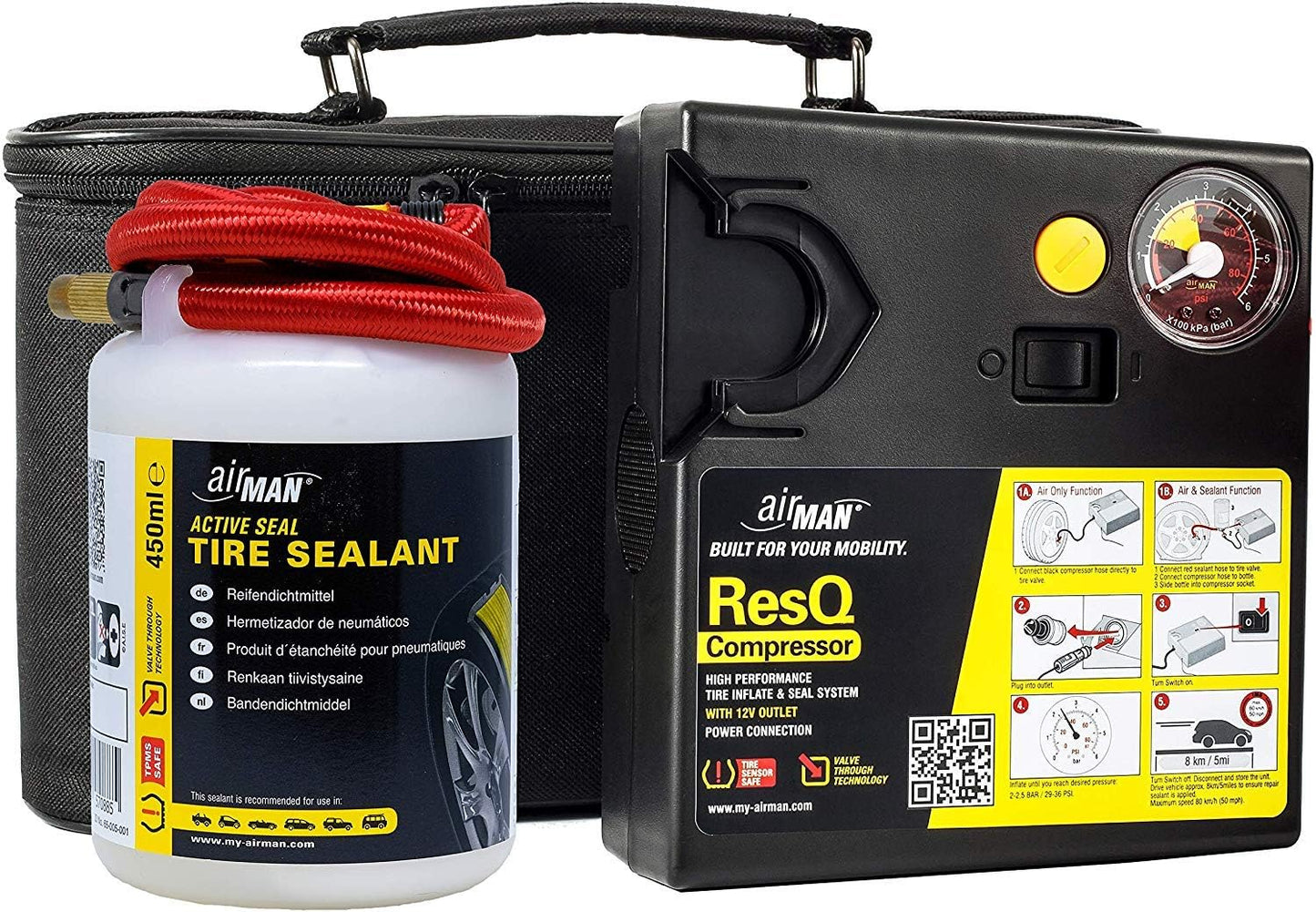 AIRMAN Flat Tire Repair Kit - ResQ 12V Compressor Tire Mobility Kit with Water Based Sealant