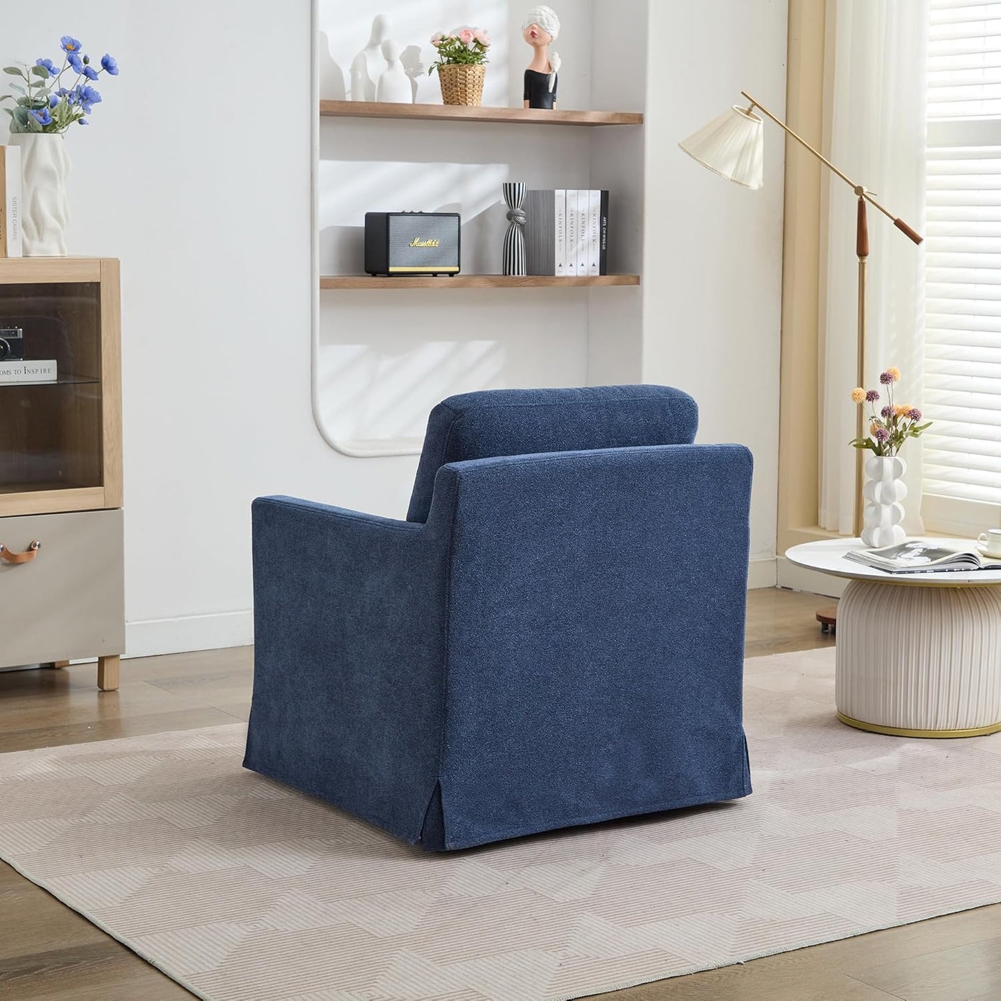 Chenille Accent Chair, Upholstered Skirted Swivel Chair with Removable Back Cushion, 360° Comfy Armchair for Living Room Navy