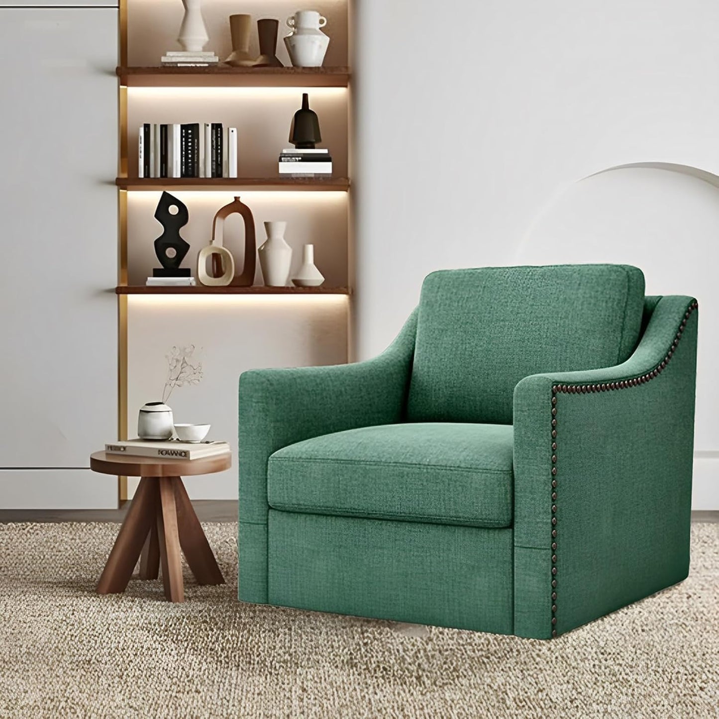 360 Degree Swivel Armchair Cotton linen skin-friendly fabric Ergonomic design Brass nail decorative armchair Living room chairs Bedroom chairs Living room chairs Black legs Suitable for indoor homes