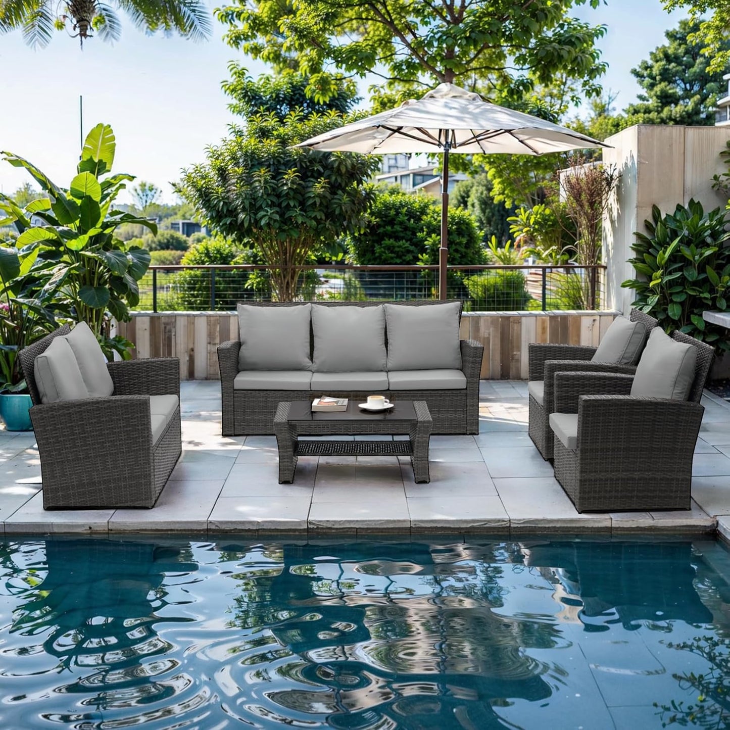 Wisteria Lane 4 Piece Patio Furniture Set, Wicker Outdoor Patio Conversation Furniture Set, All Weather Outdoor Patio Sofa with Cushion and Glass Table, Brown