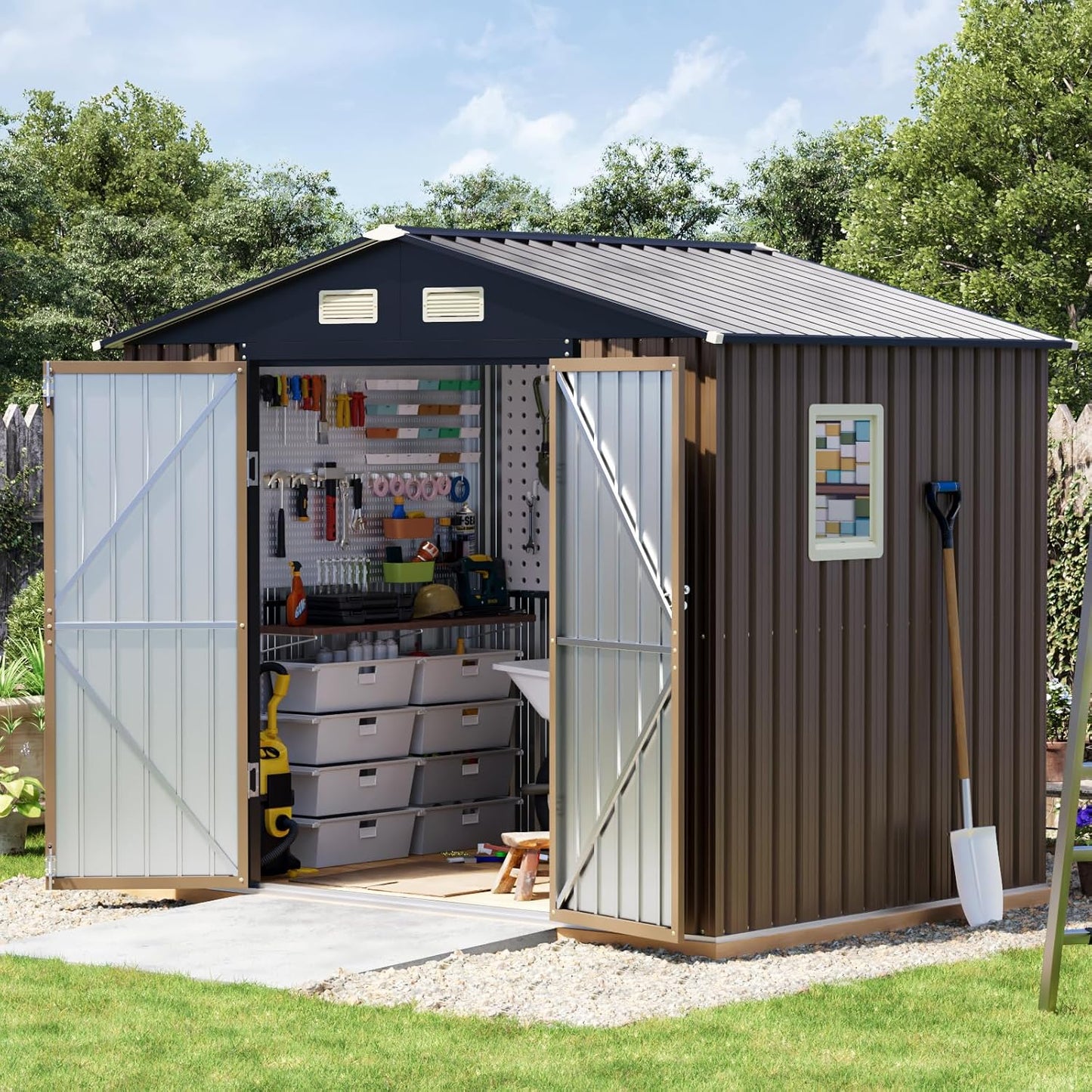 8x6 FT Outdoor Metal Storage Shed with Floor Frame, Double Doors, 1 Clear Window, Tool Shed for Garden, Patio, Backyard Brown