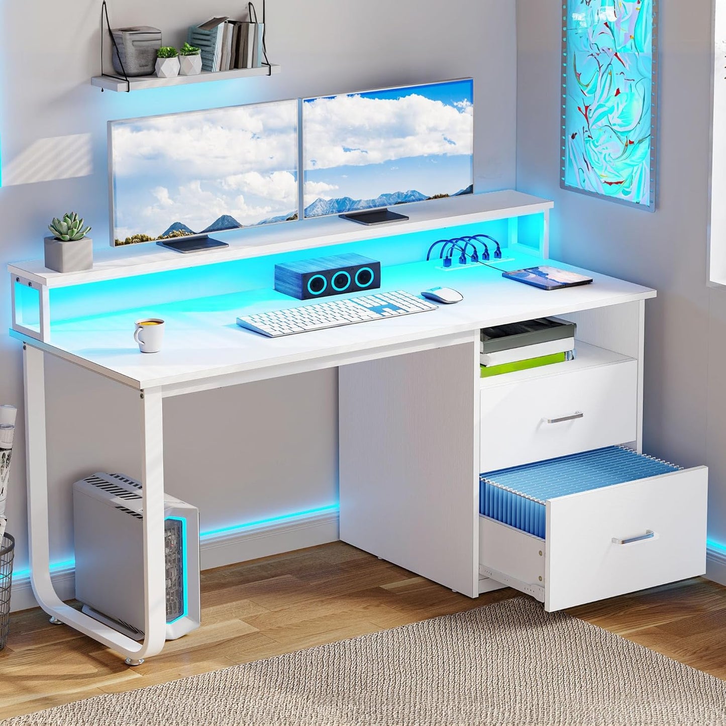 YITAHOME Computer Desk with Drawers, 55" Office Desk with Power Outlets & LED Light, Home Office Desk with Storage Shelves, White