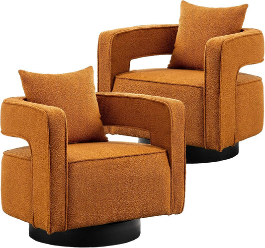 Swivel Barrel Chair Set of 2, Modern Teddy Round Accent Chairs Curved Open Back, 360 Degree Swivel Arm Chair with Pillow, Single Sofa Chair for Living Room Bedroom,Orange